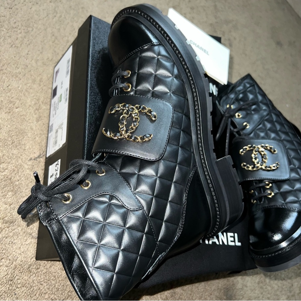 Chanel Lace Up Calfskin & Shiny Calfskin Leather Boots - Picture 4 of 16